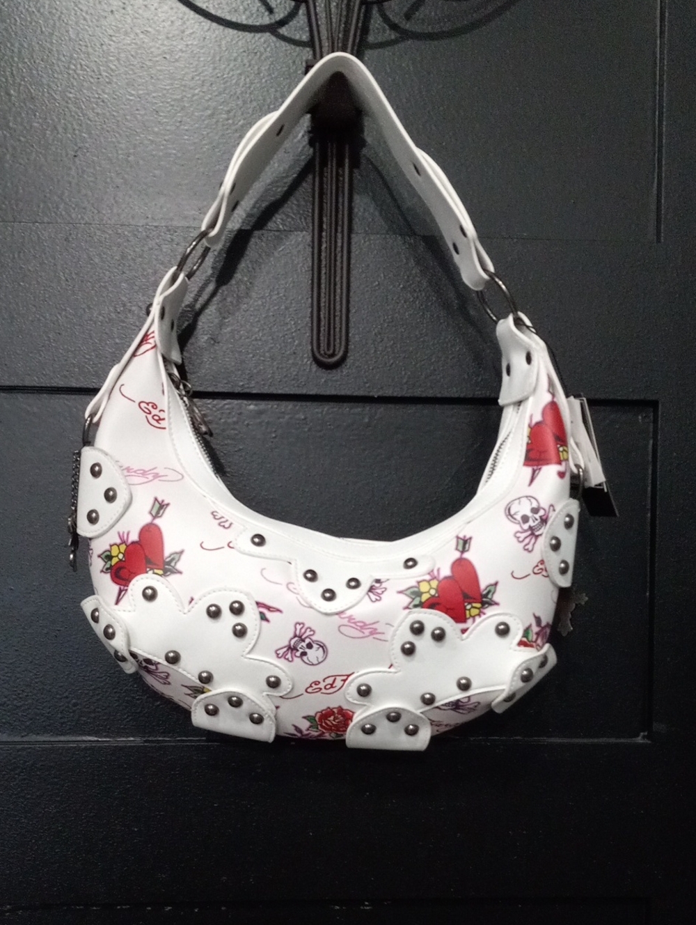 Ed Hardy White Studded Heart-Print Hobo Bag